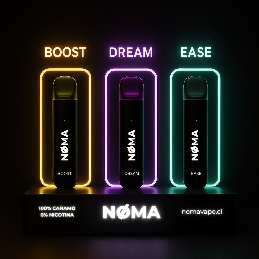 Display de Nøma con sus tres vapeadores, Boost, Dream y Ease, en marcos de neón amarillo, violeta y turquesa