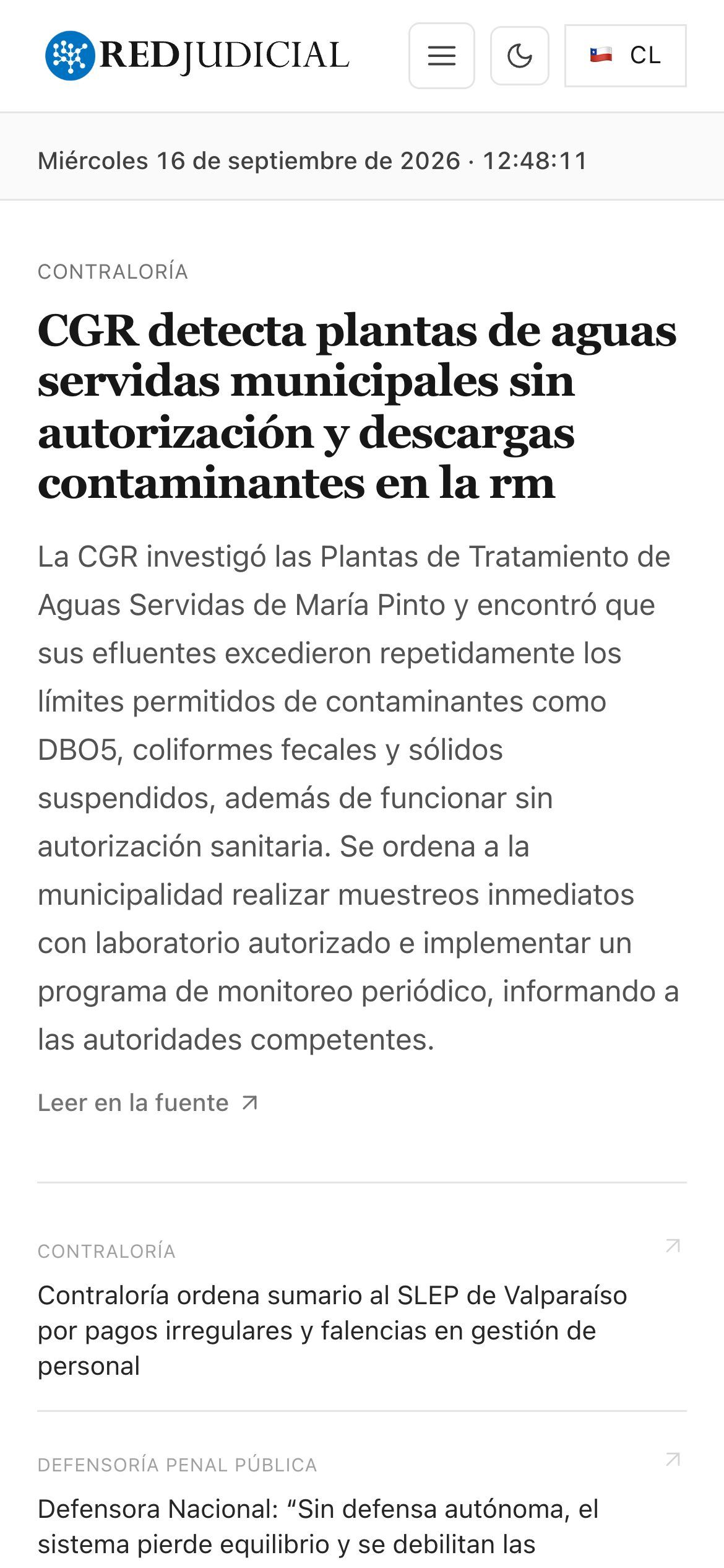 Portada del sitio de Red Judicial en celular