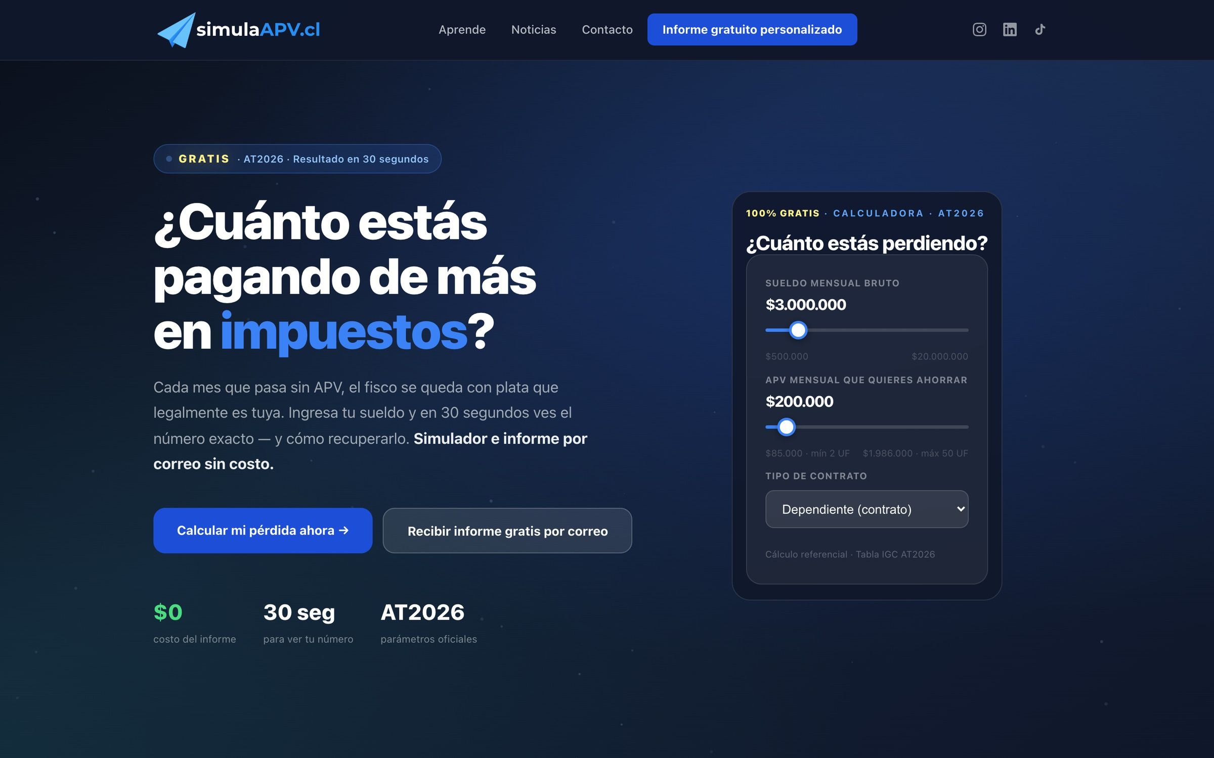 Portada del sitio de simulaAPV en computador