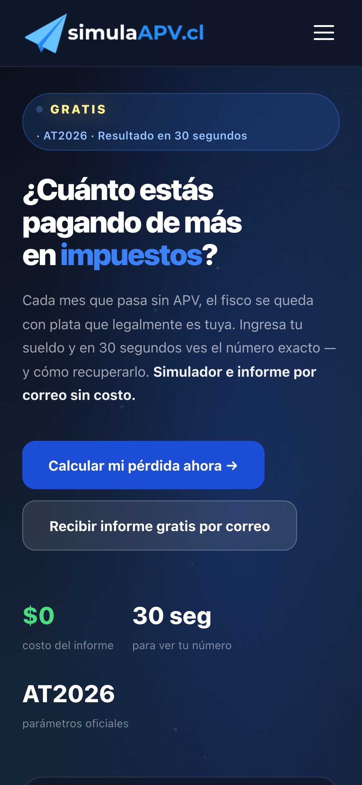 Portada del sitio de simulaAPV en celular